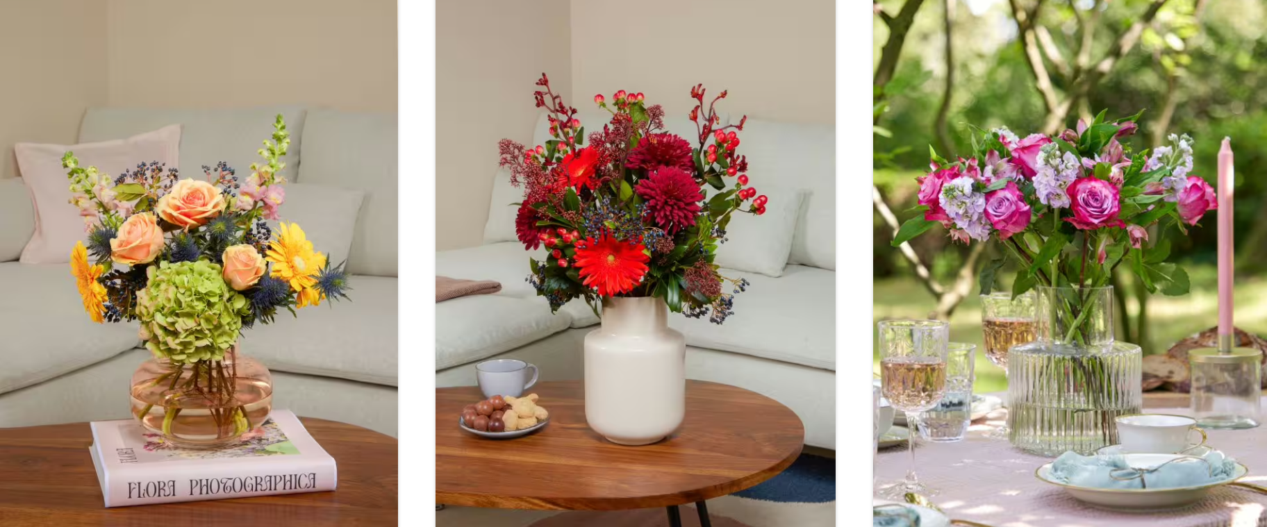 Drei Blumensträuße in unterschiedlichen Größen.